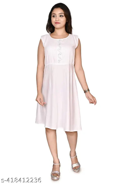 A person in a long, white, sleeveless dress with a V-neck
