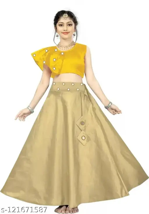 Embroidered silk-cotton blend lehenga choli for girls (age 18 months - 15 years), embellished with mirror work, Indian craftsmanship