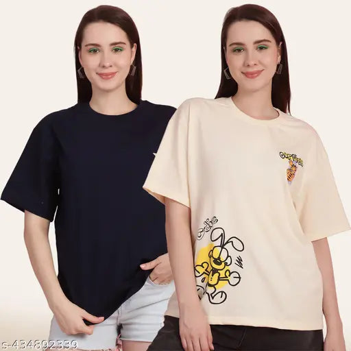 Dark blue cotton oversized t-shirt for women combo, graphic print on front