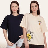Dark blue cotton oversized t-shirt for women combo, graphic print on front