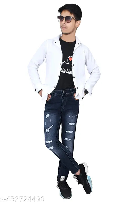 Black pearl necklace with denim men's jeans