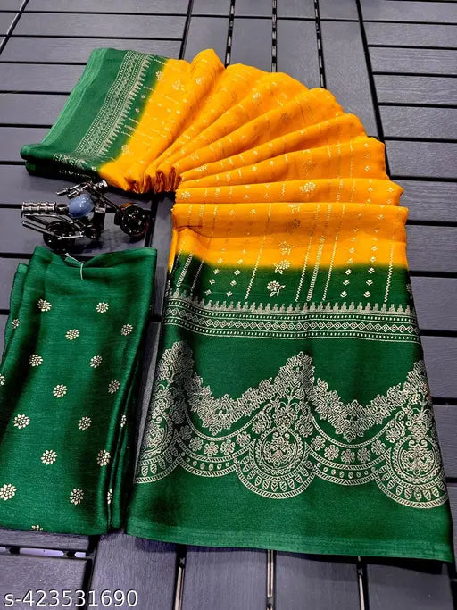 Georgette saree, green and yellow border, silk fabric