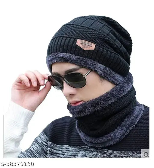 Unisex wool acrylic beanie cap & scarf set - Solid design, dual layers, super thick knit, soft fleece lining, perfect for winter, versatile gift option, India origin