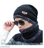 Unisex wool acrylic beanie cap & scarf set - Solid design, dual layers, super thick knit, soft fleece lining, perfect for winter, versatile gift option, India origin