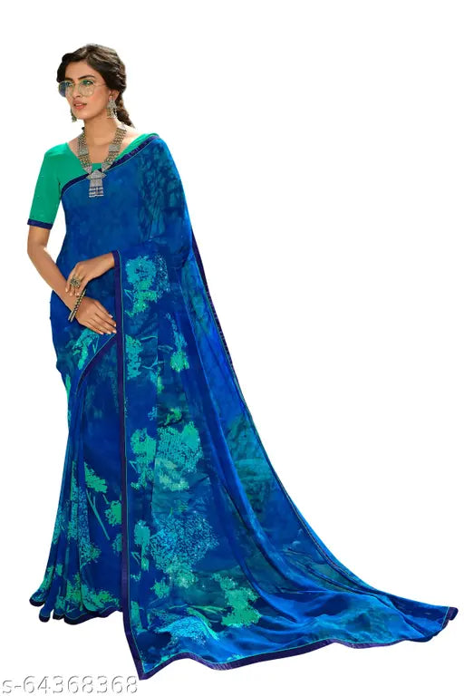 Indian style georgette sari in blue with blouse, fashionable women's clothing