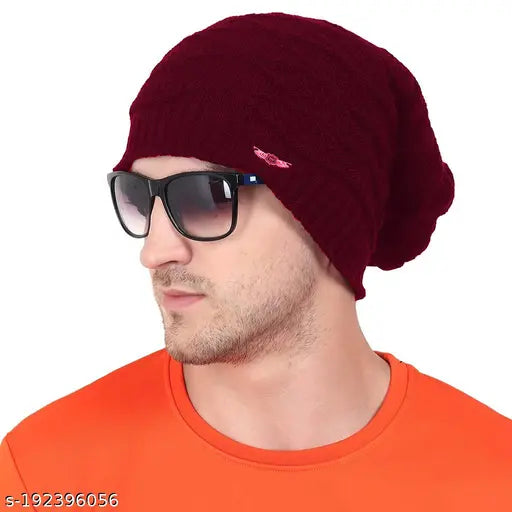 Maroon wool beanie for boys, fur pattern design, handmade in India