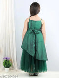 Green polyester maxi dress for kid girls, featuring a party wear toy balloon design with shoulder straps, soft and breathable for all seasons
