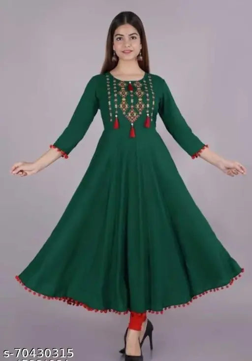 Green embroidered long kurta with red border