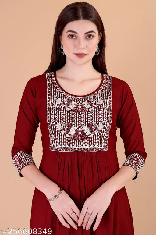 Viscose Rayon A-Line Embroidered Naira Cut Kurta, women's traditional Indian ethnic wear in various colors, suitable for festivals and parties