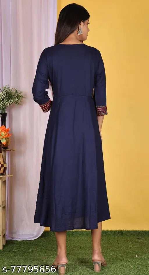 Blue embroidered rayon Anarkali kurti, three-quarter sleeves for women, 100% quality product, Indian handcrafted ethnic wear