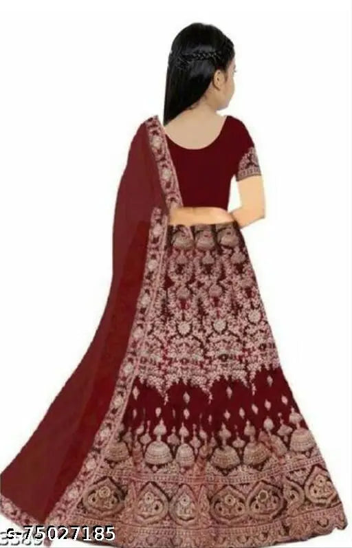 Pink satin KidsLehenge Choli with net dupatta, semi-stitched, embroidered pattern, for 6-7 years old