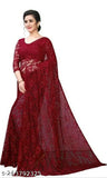 Maroon net saree in cotton blend, self-design pattern, comfortable for casual wear and festivals