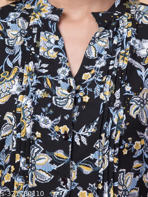 Rayon black & grey printed net tunic, 3/4 sleeves, mandarin collar, full front button open