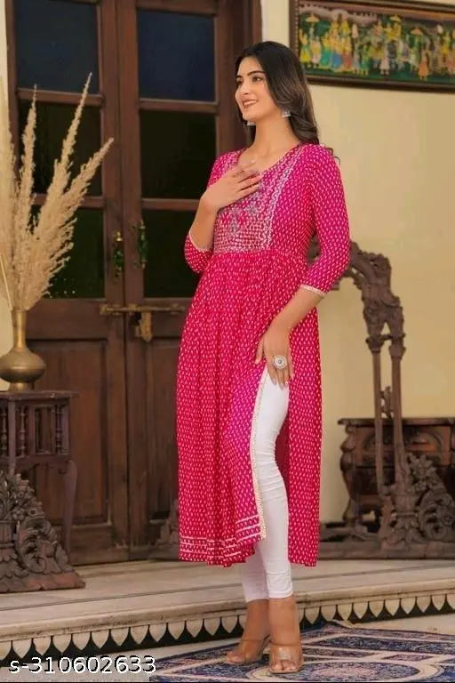 Rayon Nyra cut women's kurti with work, three-quarter sleeves, printed combo - Indian ethnic fashion for M (38in), L (40in), XL (42in), XXL (44in), XXXL (46in), 4XL