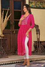 Rayon Nyra cut women's kurti, three-quarter sleeves, printed combo, M (38in bust) - XL (46in bust), Indian ethnic wear