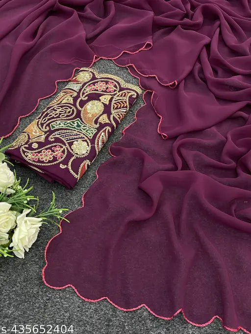 Maroon fabric with red fringe and embroidery