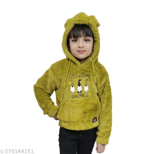 Kids girls faux fur hoodie, self-design polyester sweatshirt with front pockets, ideal for winter wear and pairing with jeans