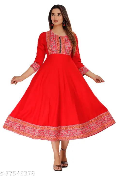 Rayon printed Anarkali Kurta by SQ KURTI, three-quarter sleeves, solid combo, women's wear