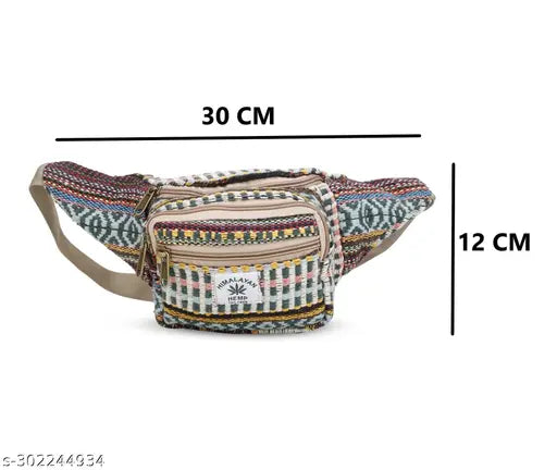 The image displays a multi-colored pouch with multiple pockets, designed in a boho style. It appears to be a handmade product featuring hemp fabric, and it's presented in various colors within a single package. The pack includes several small compartments suitable for carrying personal items, such as cards or keys. The image showcases the versatility of this accessory, which could serve multiple purposes from everyday use to running activities, catering to a diverse range of users