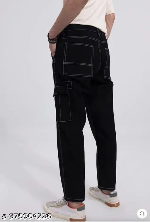 Men's checked denim baggy jeans with six pockets, mid-rise, button waist closure, black color, clean wash. Manufactured in India, size 28 (waist 28in, length 40in)