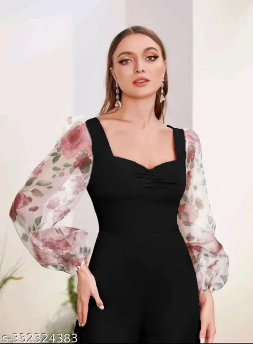 Floral print lycra jumpsuit for women and girls in various sizes, trendy pink jumpsuit with long sleeves on model