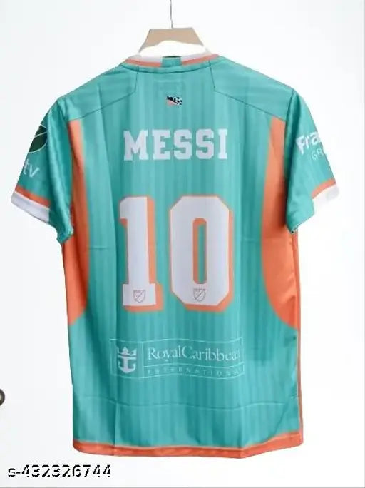 Green Messi Inter Miami latest jersey 2024/25, short-sleeved polypropylene soccer shirt with printed design on chest, model posing
