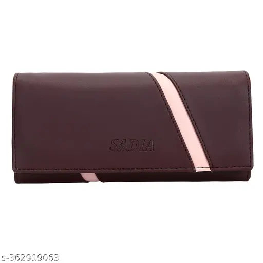 Pink stripe accented brown leather ladies' clutch wallet