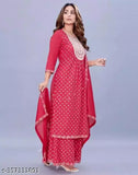 Tomato Pink embroidered kurta set with dupatta and bottomwear, featuring chinnon fabric, three-quarter sleeves, and half elastic waist. Made by Sara, an Indian brand known for stylish and comfortable ethnic wear