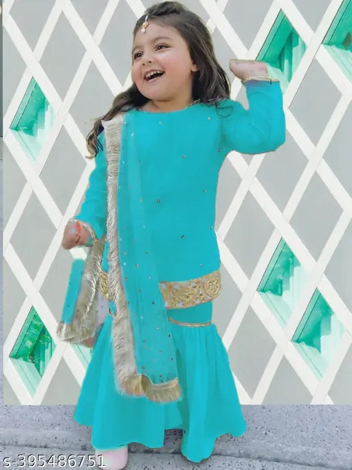 Agile Elegant Girls Rayon Kurta Suit Set with Net Dupatta and Bottomwear - Embellished, long sleeves for kids (N), ages 1-12 years old, India origin