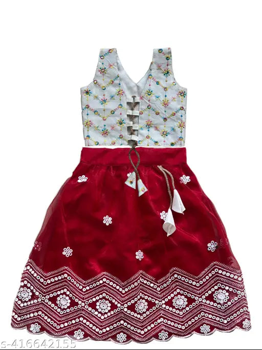 Embroidered cotton and net kids' lenga choli with embellished dupatta, multiple sizes available from 6-8 years old, Indian origin