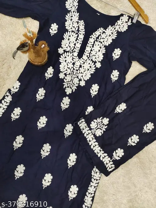 Blue Chikankari Rayon Straight Kurta & Palazzos Set - Embroidered net, three-quarter sleeves, M-6XL sizes available