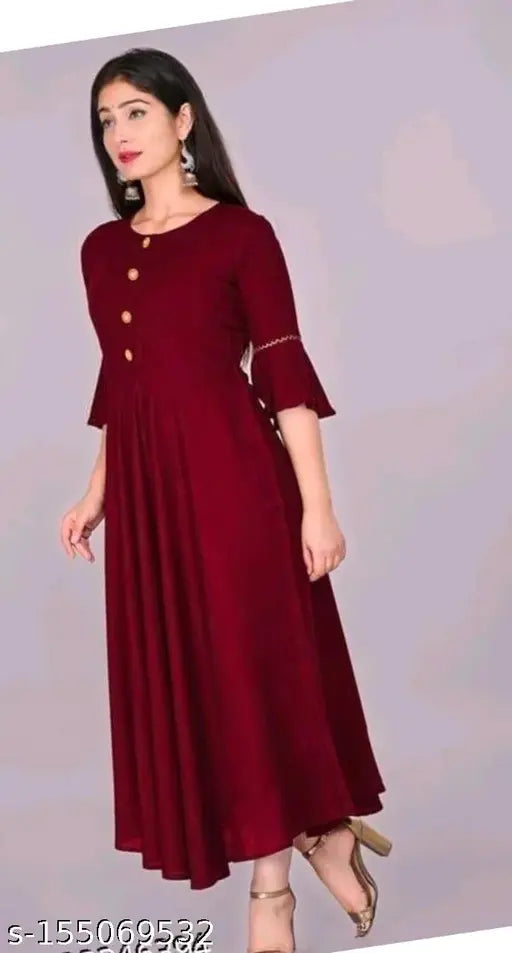 Maroon, long-sleeve, flared kurta with embroidery on chest area