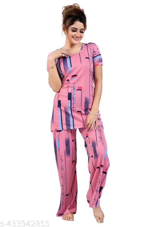 Printed polyester night suit for women with pocket, warm and comfortable sleepwear made in India