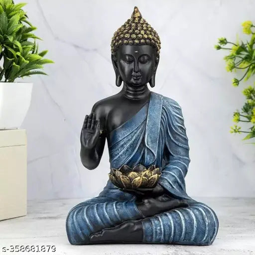 pearlblue resin Buddha statue, handcrafted for home or office decor, 10"x12.5"x10", ideal for study rooms, living spaces, or showcases