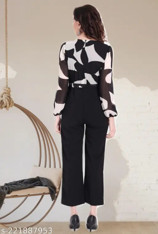Printed Georgette women's jumpsuit with long sleeves, vibrant pattern and multiple sizes available