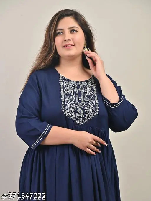 Plus size rayon long gown, embroidered net pattern, three-quarter sleeves. Beautiful, comfortable, plus size fashion from India