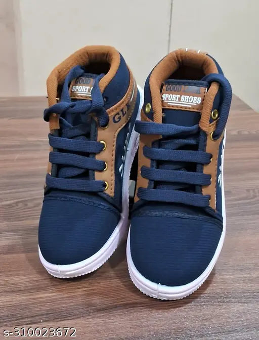 Blue and brown boys' shoes with sneaker laces, white sole
