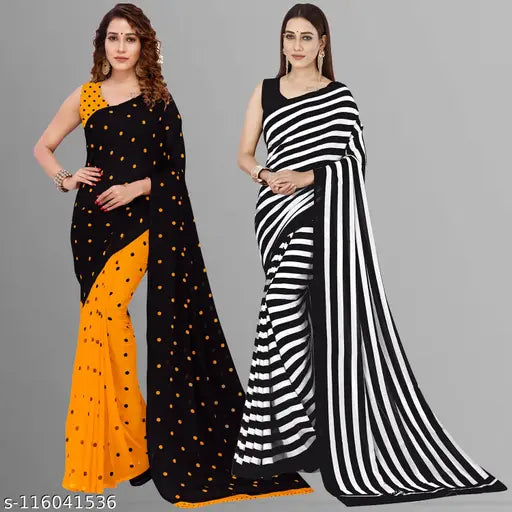 Daily wear Georgette saree combo set, each with a blouse piece. Black and yellow patterned design