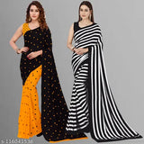 Daily wear Georgette saree combo set, each with a blouse piece. Black and yellow patterned design
