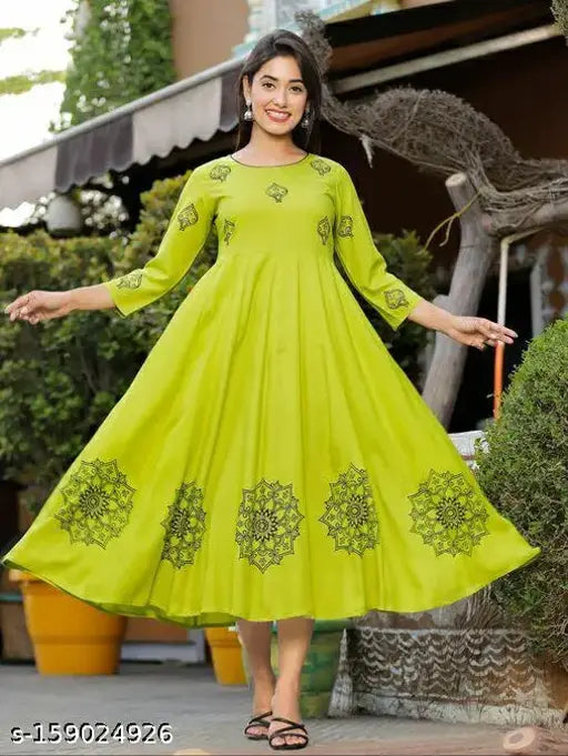 Black anarkali kurta with hand block black and gold print, long sleeves, round neck