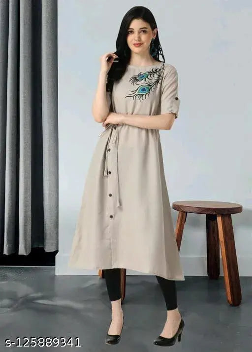 Beige printed cotton slub sleeveless kurti