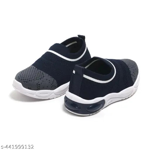 Navy and white slip-on sneakers, breathable material