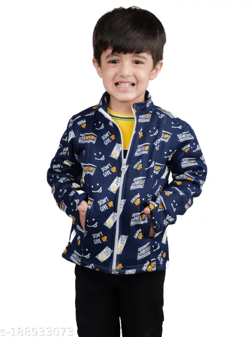 Kid in a blue, black and white Chombooka winter coat with stars
