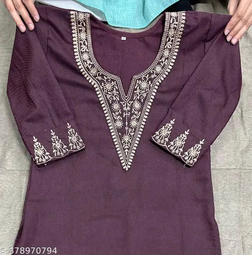 Red woolen embroidered kameez with two front pockets