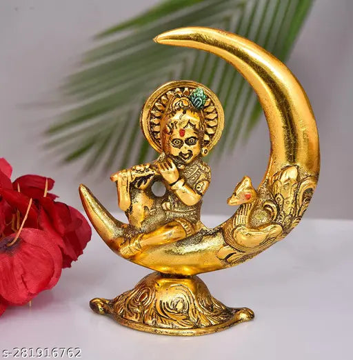 Gold-plated Krishna idol statue on moon playing flute, decorative office temple showpiece for Diwali and Janmashtami celebrations. Dimensions: 6 x 5.5 inches