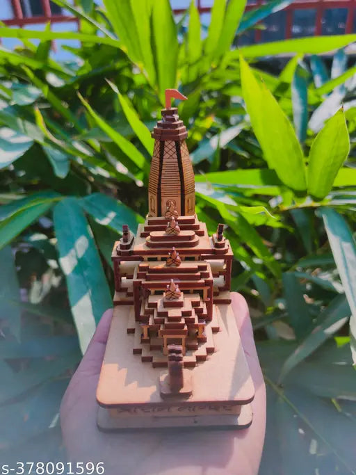 Hand-carved 3D wooden Sai Collection Ram Mandir Ayodhya model, poly resin, 12 cm x 6 cm x 12 cm, ideal for car dashboard or home decor