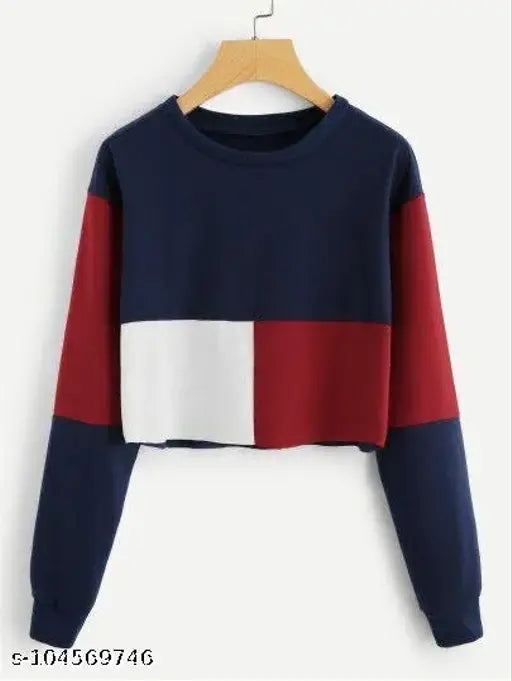 Stylish cotton crop top with long sleeves, colorblocked design. Ideal for elevating casual wardrobe with chic flair, available in various sizes (S-XXL)