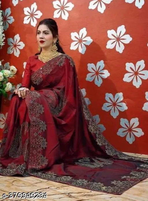 Diamond patterned Georgette saree with hotfix diamonds and Swarovski dainty work, long red-bordered pallu, festive wear blouse, 55 Mt. for blouse length, trendy, formal wear for parties and events