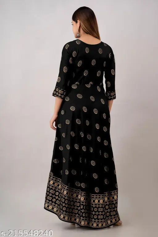 Rayon Gold Printed Black Anarkali Kurta for office/party wear, 3/4 sleeves, round neck, ethnic design, India origin