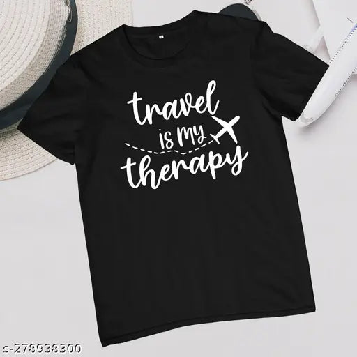 Black cotton travel therapy tee with chest print, ideal for summer vacation casual wear